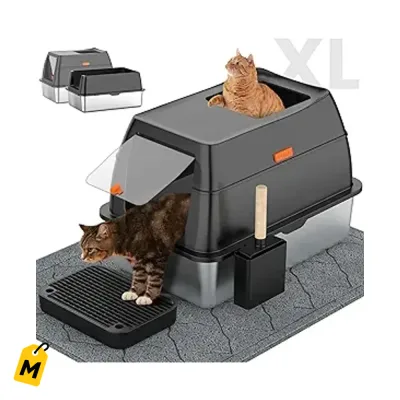 Arenero Acero Inoxidable XL con Tapa Entrada Frontal y Superior para Gatos Negro