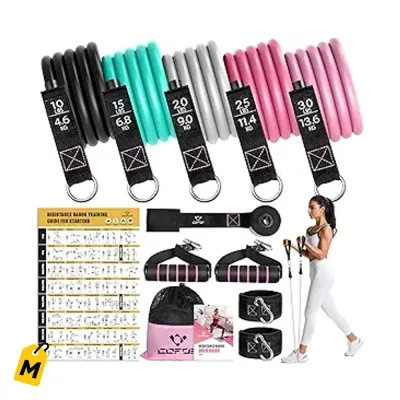 Bandas de Resistencia con Agarre, 5 Niveles. Entrena en Casa, Yoga, Pilates y Terapia.