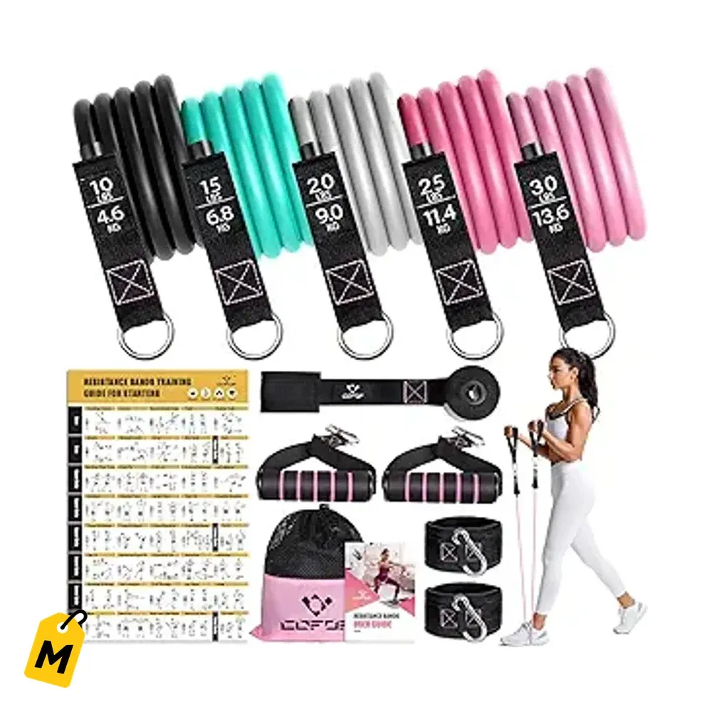 Bandas de Resistencia con Agarre, 5 Niveles. Entrena en Casa, Yoga, Pilates y Terapia.