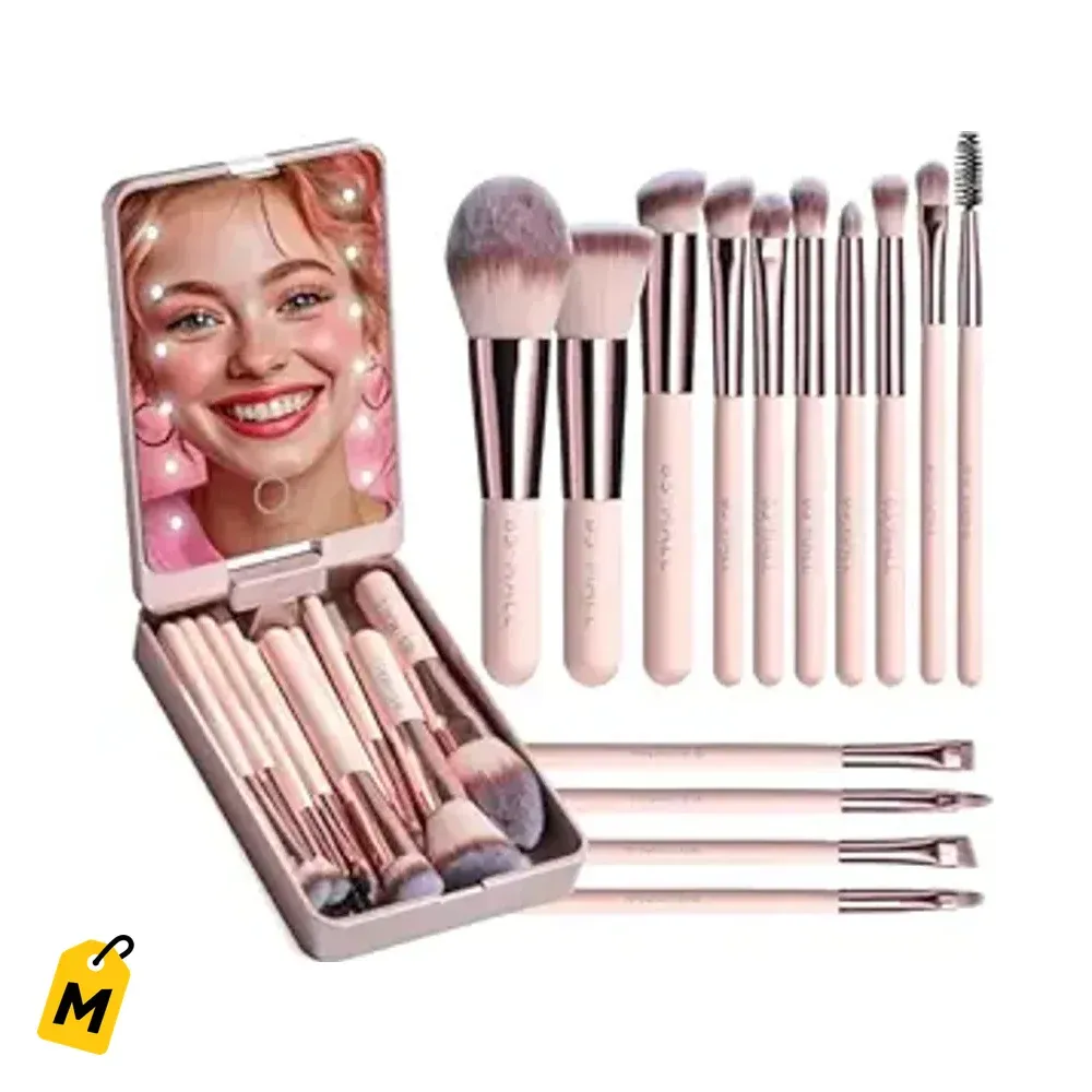 BS-MALL Set de Maquillaje: 14 Brochas y Espejo LED Portatil APINK