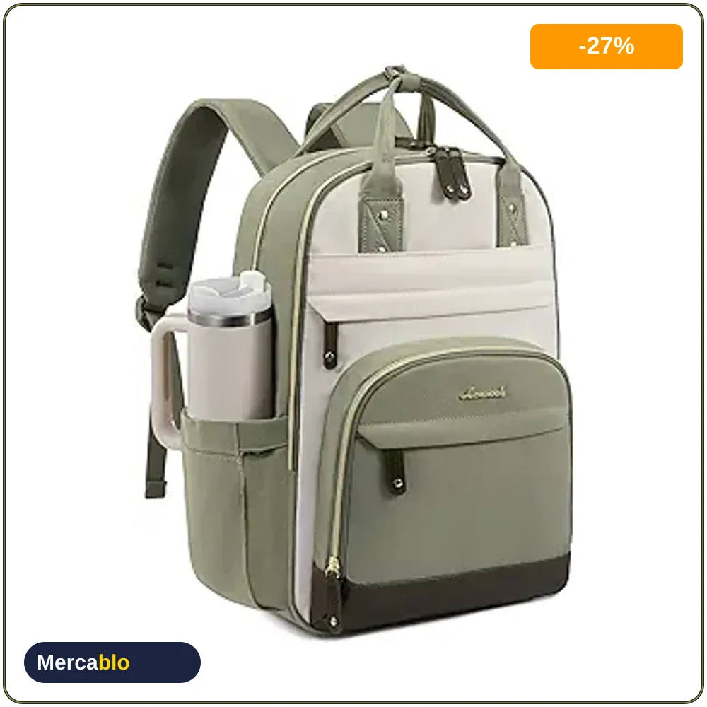 Bulto LOVEVOOK pa Mujer con Porta Vaso Gigante, Laptop 15.6, Impermeable, Trabajo y Viaje