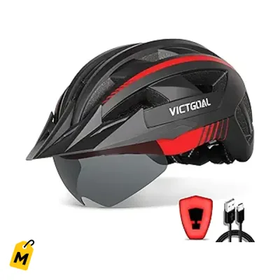 Casco VICTGOAL pa tu bici con luz USB, gafas magneticas y visera pa que estes seguro y com