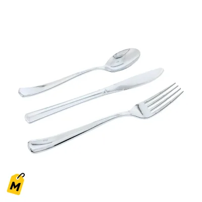 Cubiertos Plasticos Plateados, 12 unidades, Pack de 4 Cajas