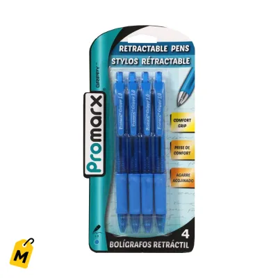 Lapiceros Promarx Grippy Azules Punta Mediana - Paquete de 4