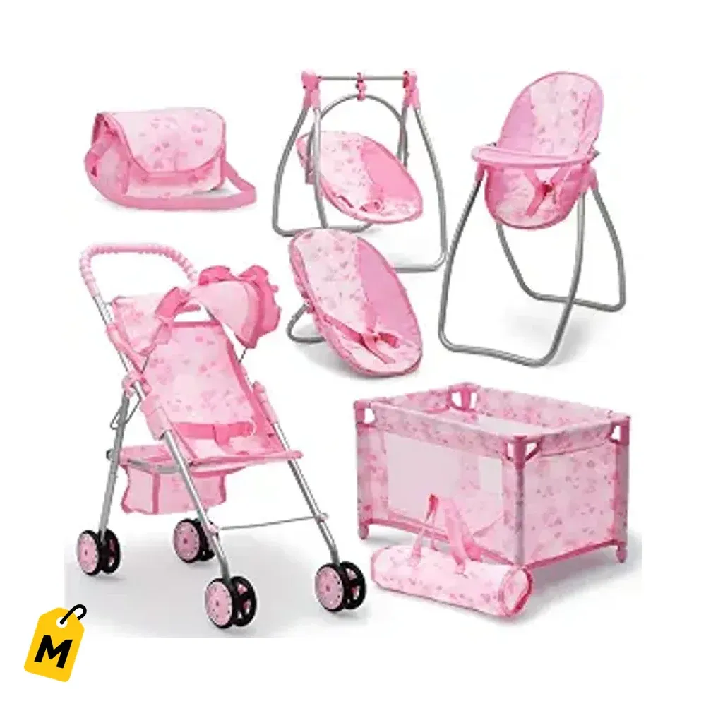 Mercablo Set de Lujo 3 en 1 para Munecas Coche Cuna Silla Alta y Accesorios