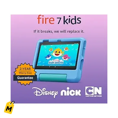 Tablet Amazon Fire 7 Kids Azul 16GB pa ninos 3-7 anos. Controles faciles y bateria dura.