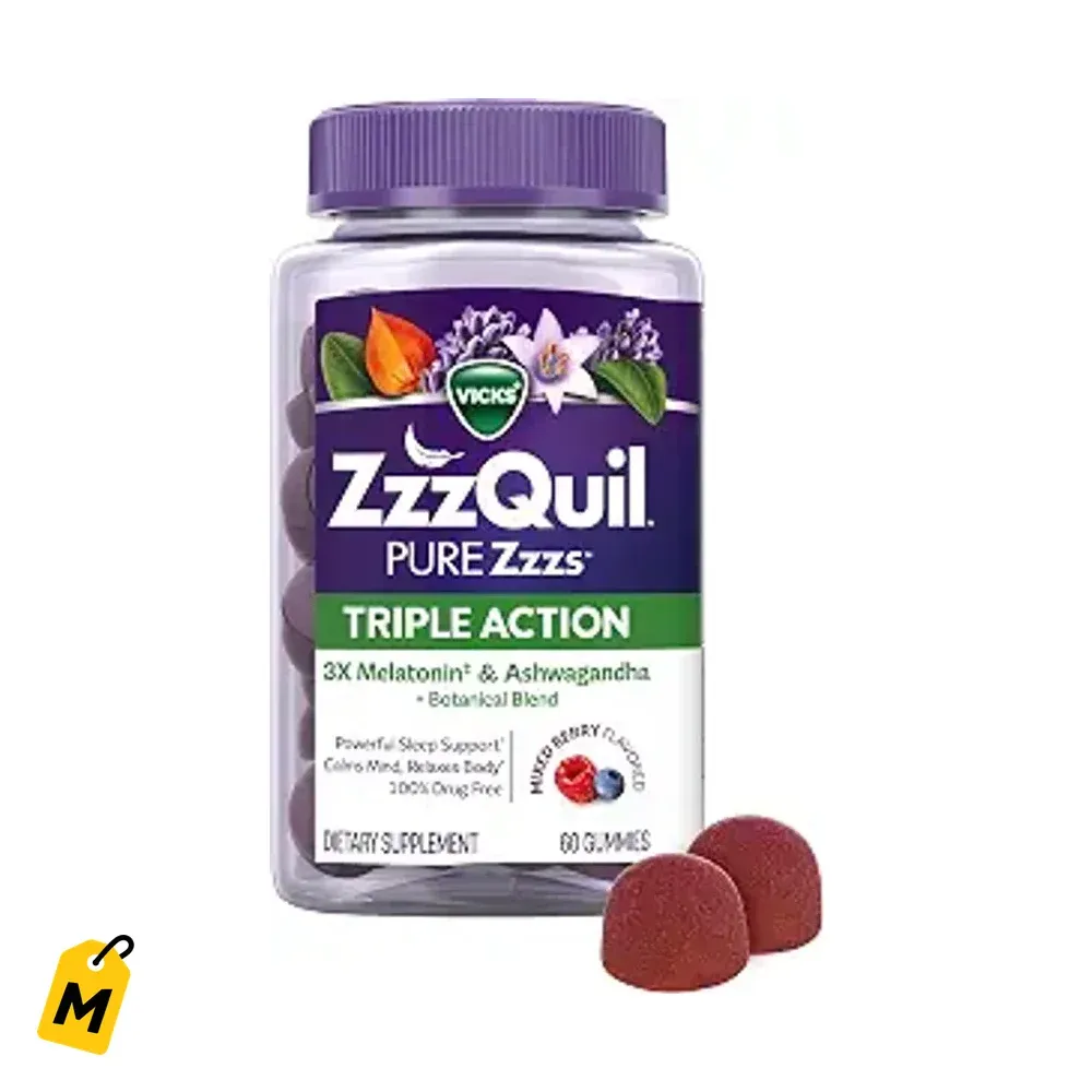 ZzzQuil PURE Zzzs Triple Accion, Gomitas Melatonina 6mg y Ashwagandha, 60 Unds